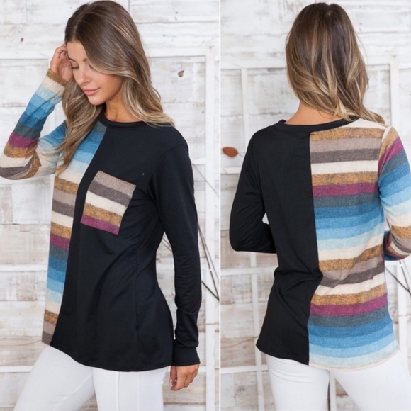 Gorgeous hacci brushed soft trendy striped womens pocket top - Picture 2 of 3
